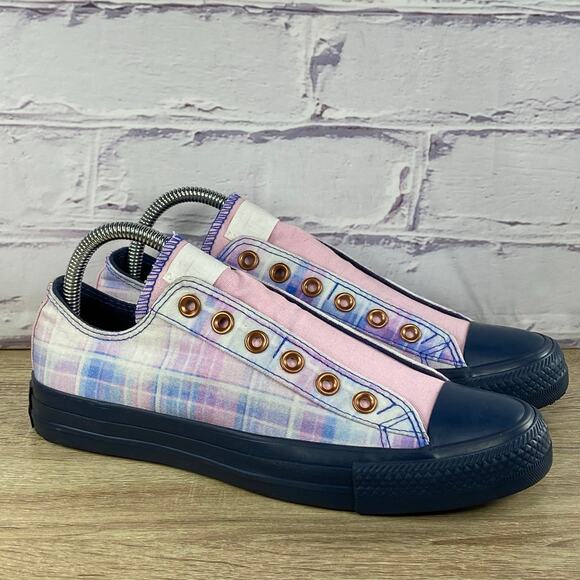 Converse Chuck Taylor All Star Plaid Pink Blue Sip On Sneakers Women's 8 Shoes - Picture 1 of 8